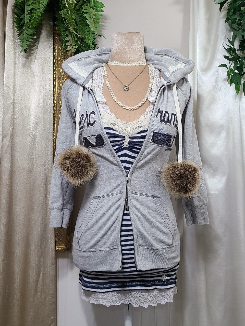 ♡ Y2K ♡ Abercrombie And Fitch Grey Hoodie Double Zip Logo Jacket W/ Pom Poms